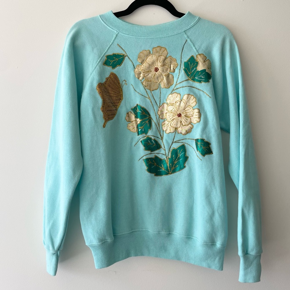 Vintage Glitter Painted Blue Floral Sweatshirt Women’s Size M